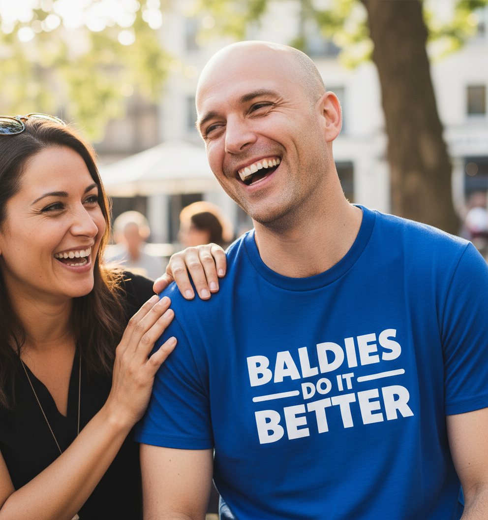 A man wearing a blue T-shirt with "BALDIES DO IT BETTER" laughs heartily, while a woman next to him smiles with a hand on his shoulder, in an outdoor setting.
