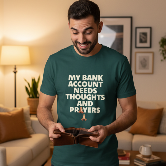 man wearing a green slogan t-shirt with the text 'my bank account needs thoughts and prayers'