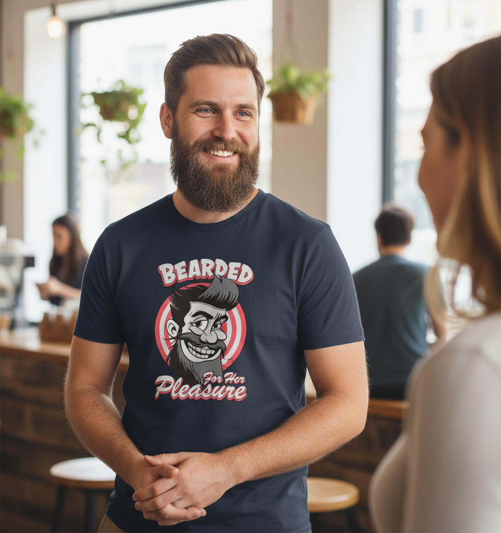 man wearing a navy t-shirt with the graphic of a bearded man and the slogan 'bearded for her pleasure'
