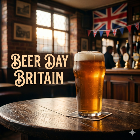 a pint of beer on a table in a pub and the text 'beer day britain'