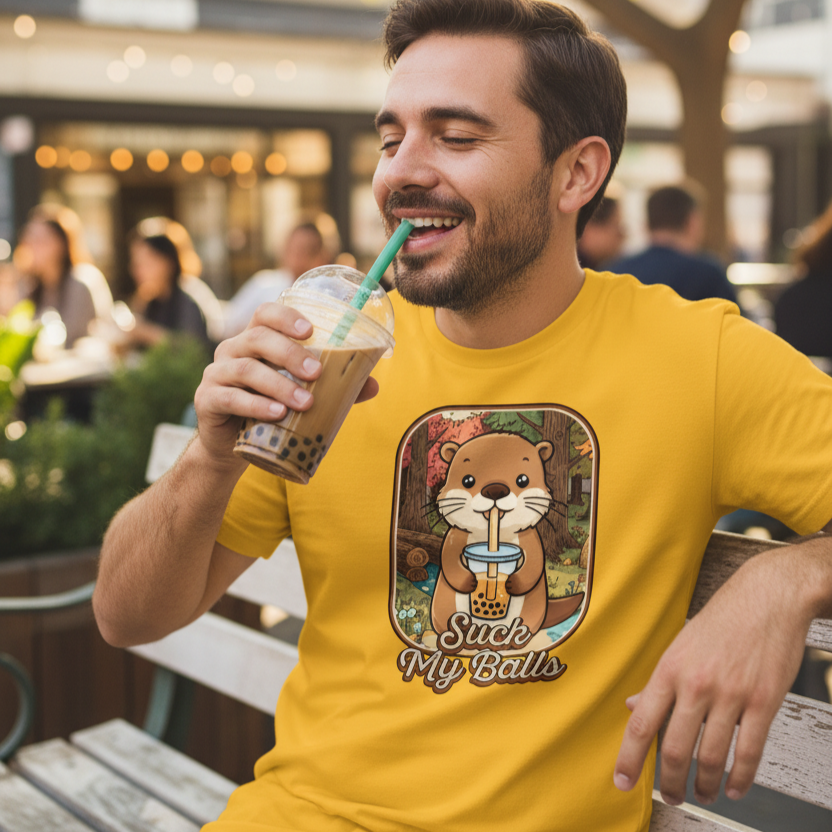 man wearing a yellow funny offensive t-shirt with the graphic of a beaver