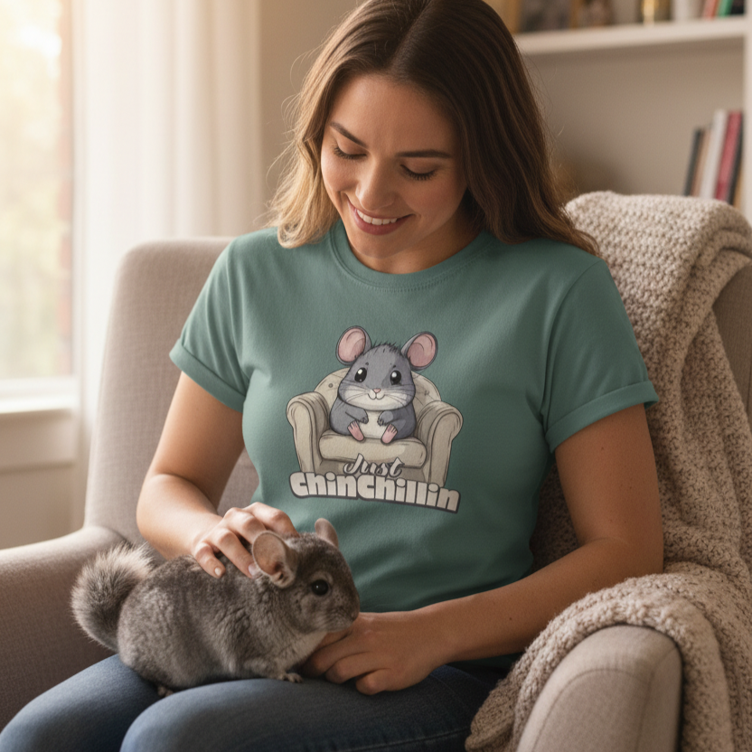 woman wearing a green t-shirt with a cute kawaii design and a chinchilla in her lap