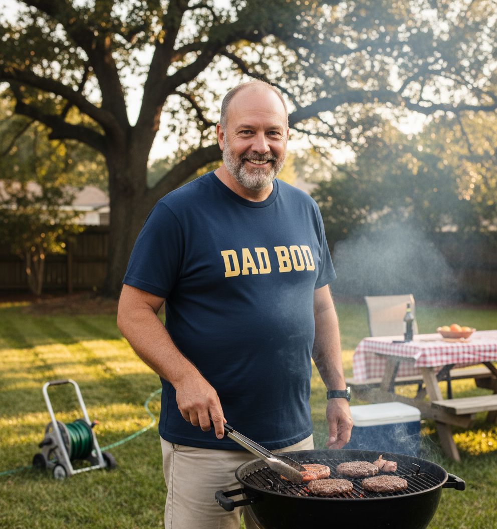 man cooking burgers on a barbecue whilst wearing a navy slogan t-shirt with the text 'dad bod'