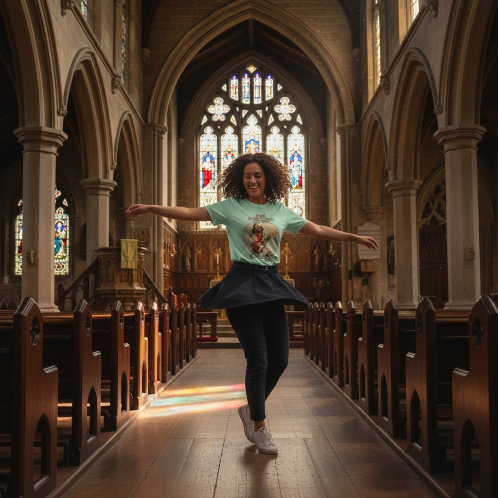 woman in the centre of a church aisle wearing a green funny jesus graphic tee
