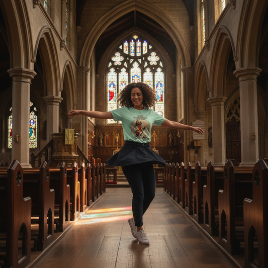 woman in the centre of a church aisle wearing a green funny jesus graphic tee
