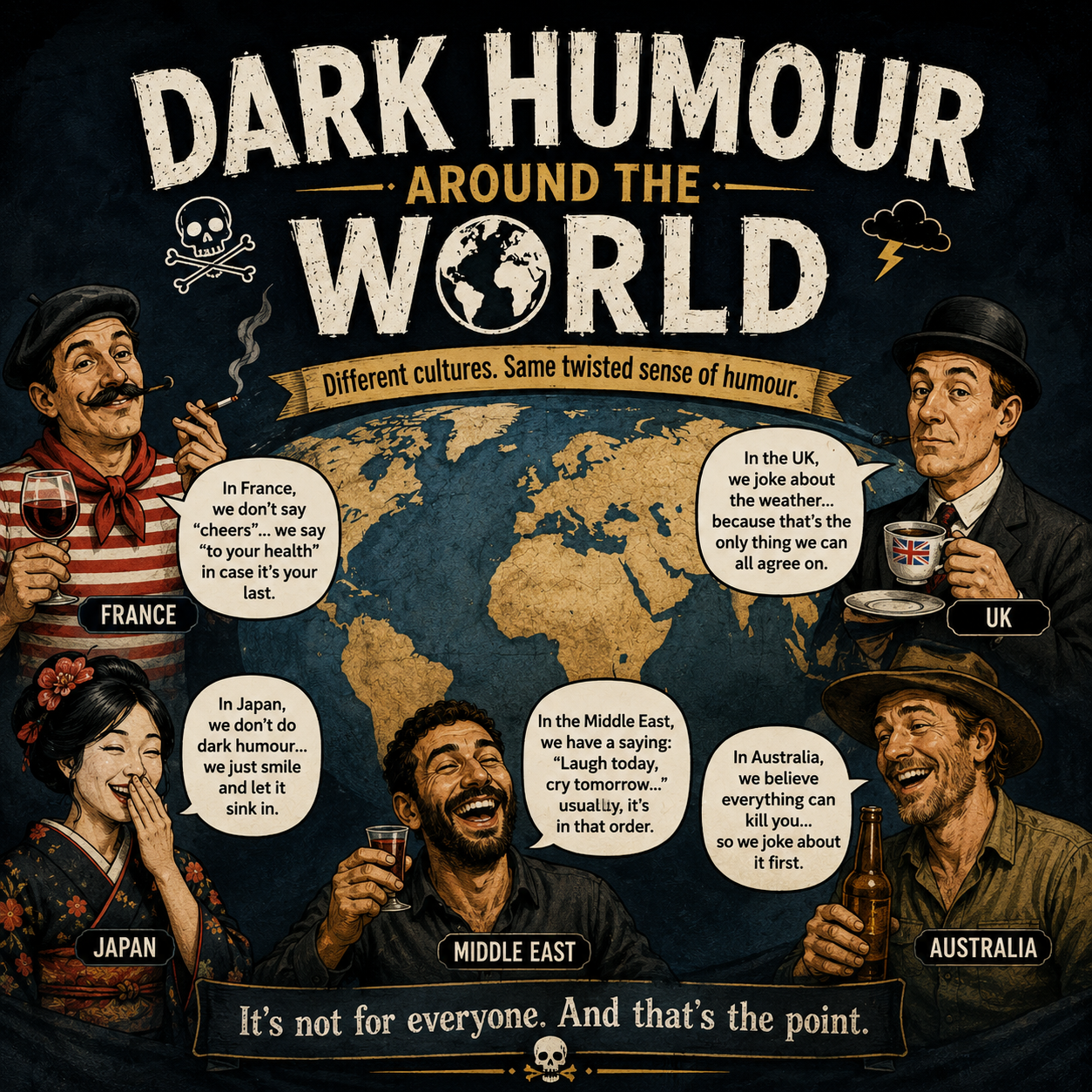 Illustrated globe with cartoon figures from France, Japan, Middle East, UK, and Australia. Each shares dark humor in speech bubbles. Text reads: "Different cultures. Same twisted sense of humour." Tone is humorous and edgy.