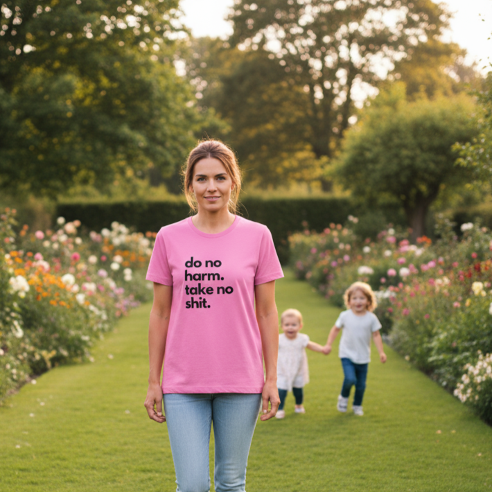 woman wearing a pink sarcastic slogan t-shirt