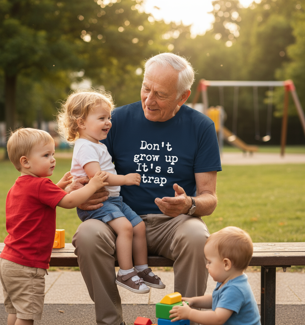 an older gentleman wearing a navy slogan t-shirt with the text 'don't grow up it's a trap'