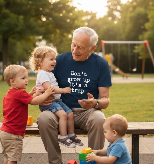 an older gentleman wearing a navy slogan t-shirt with the text 'don't grow up it's a trap'