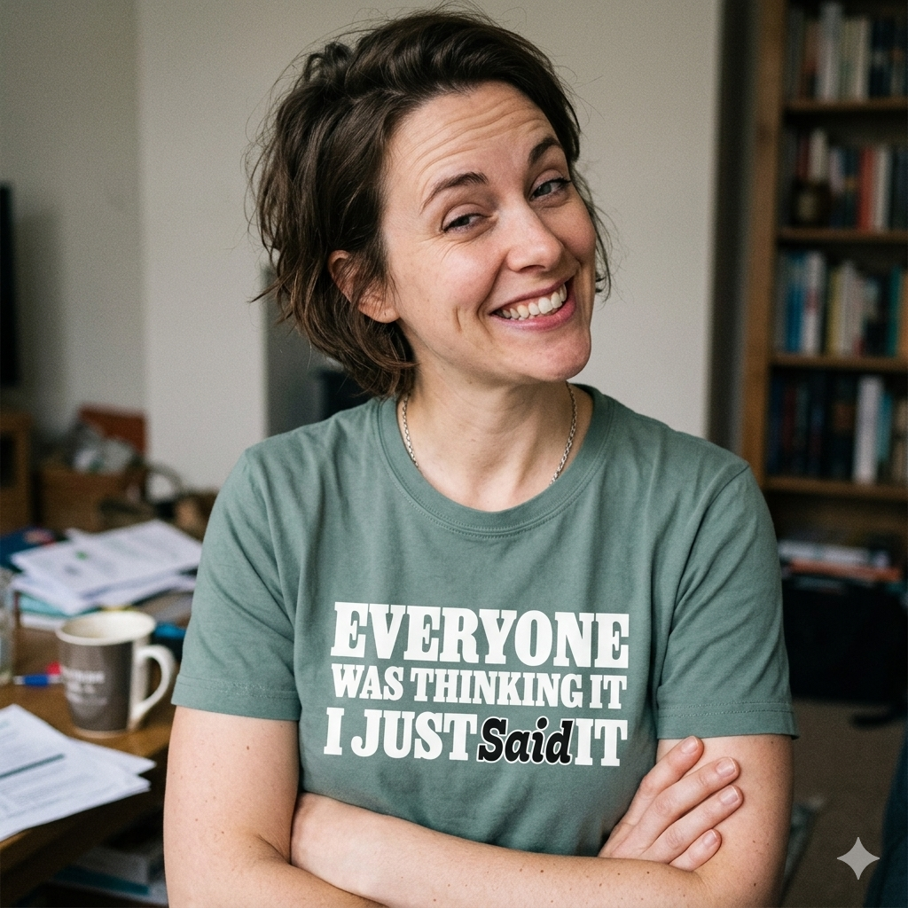 woman wearing a green sarcastic slogan t-shirt