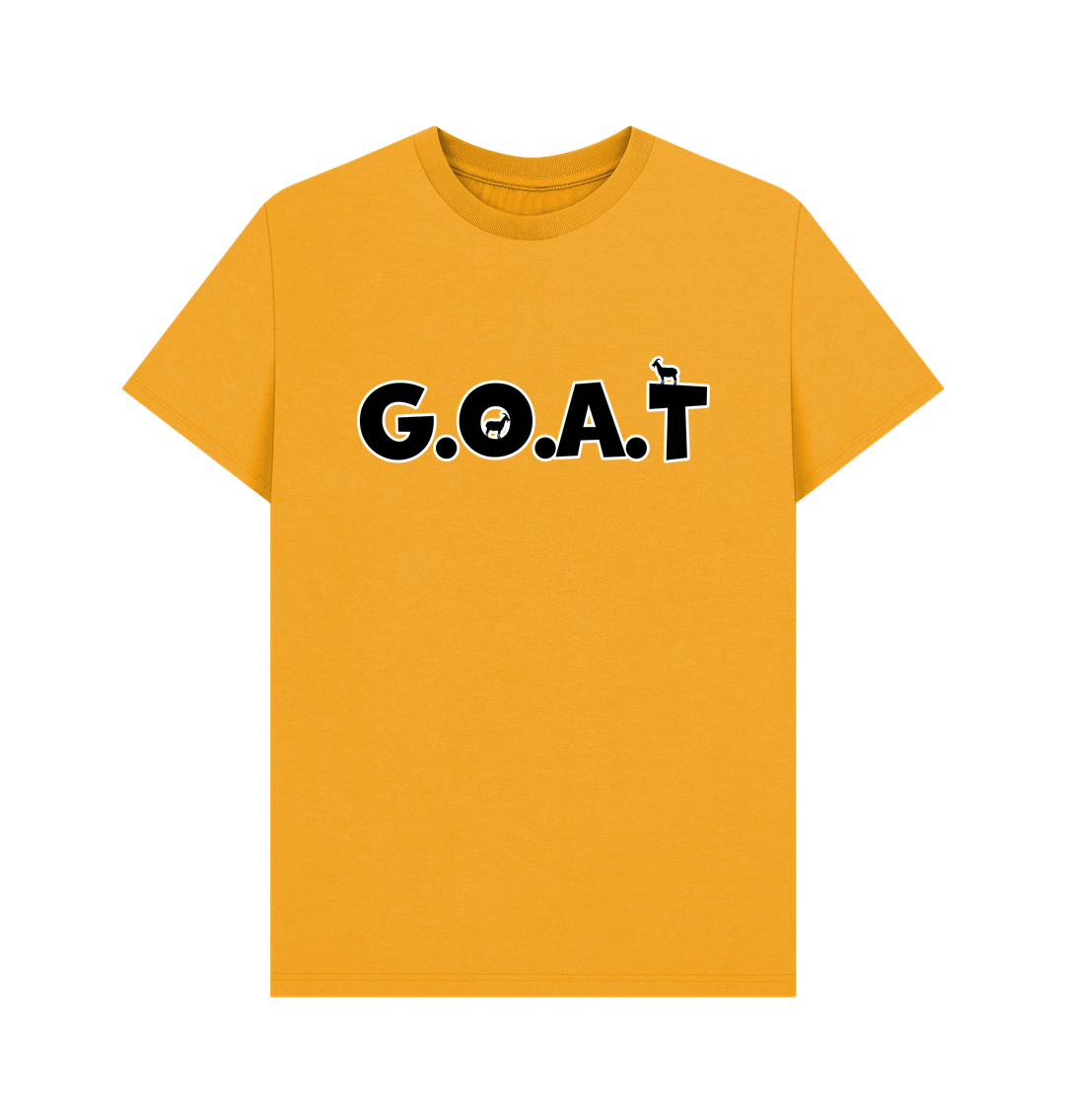 Yellow T-shirt with "G.O.A.T" in bold black letters. The letter "O" features a goat head, and "T" has a small, stylized goat on it. Playful tone.