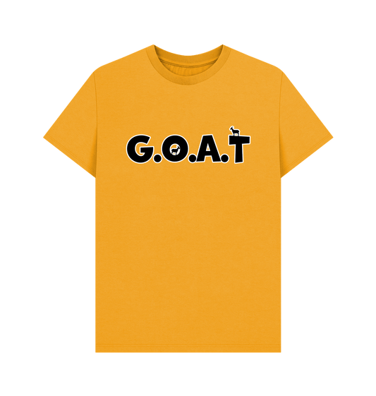 Yellow T-shirt with "G.O.A.T" in bold black letters. The letter "O" features a goat head, and "T" has a small, stylized goat on it. Playful tone.