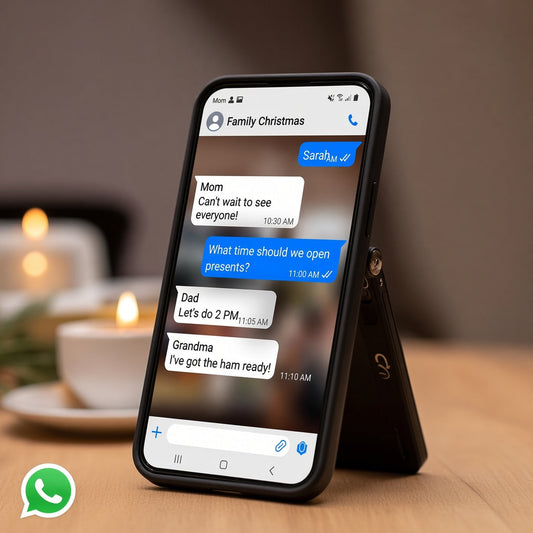Close-up of a mobile phone screen showing a family group chat discussing Christmas dinner and presents.