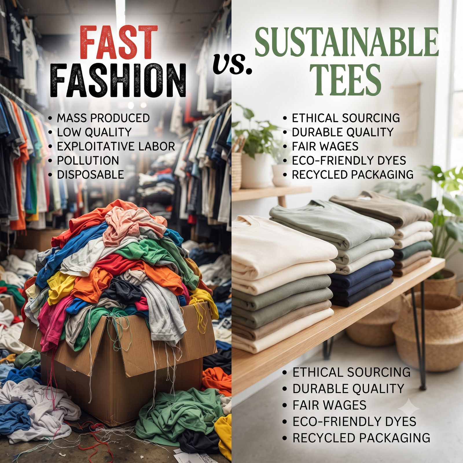 Split image contrasting fast fashion and sustainable tees. Left shows an overflowing box of colourful clothes and lists negatives. Right displays neatly stacked neutral shirts, highlighting sustainable aspects.