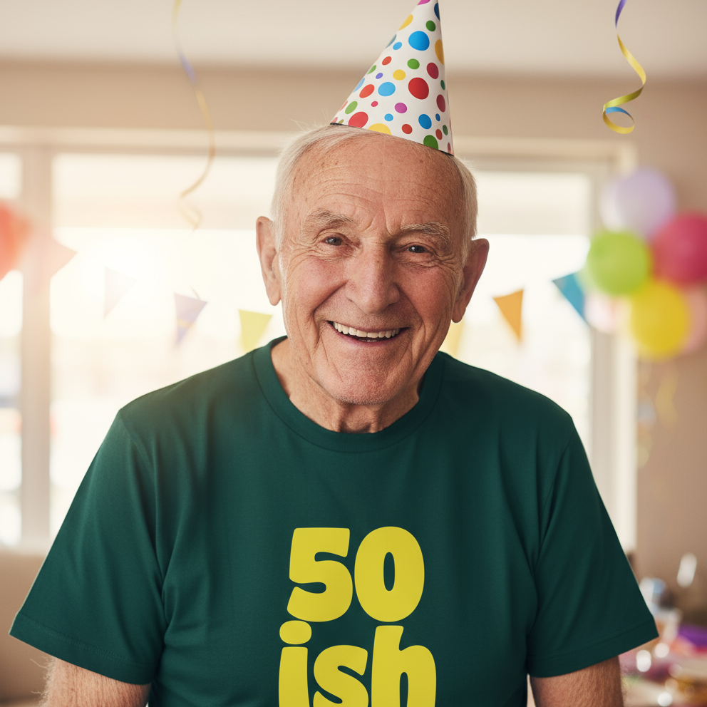 man wearing a party hat and a green slogan t-shirt with the text '50 ish'