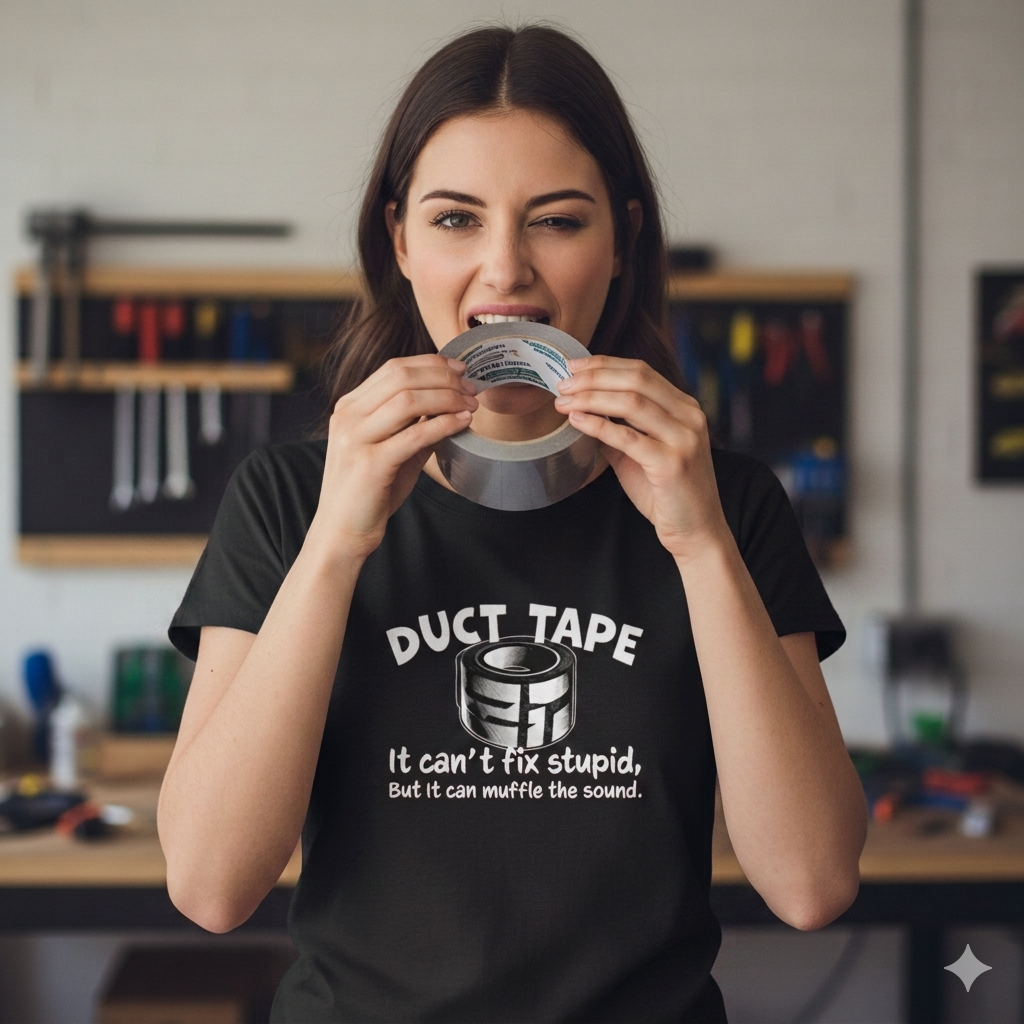 woman wearing a black funny slogan t-shirt with the text 'duct tape it can't fix stupid but it can muffle the sound'