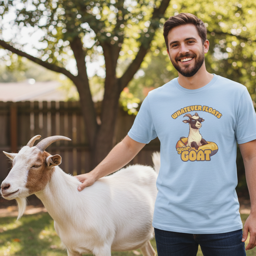 man stood stroking a goat wearing a light blue funny animal t-shirt with the graphic of a goat and the slogan 'whatever floats your goat'