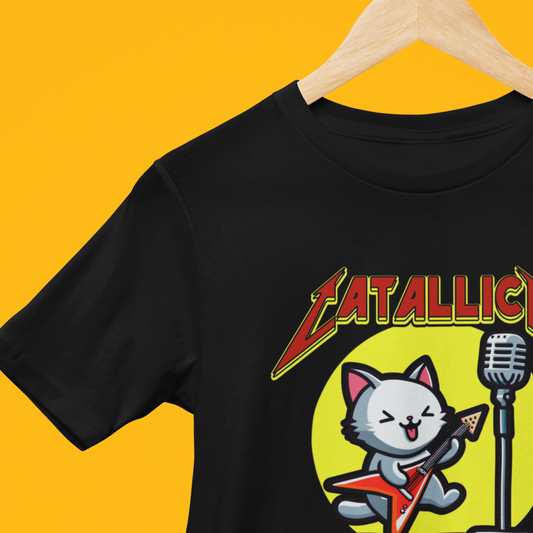 Black t-shirt with with the graphic of a cat playing a guitar and the text 'catallica' on a yellow background