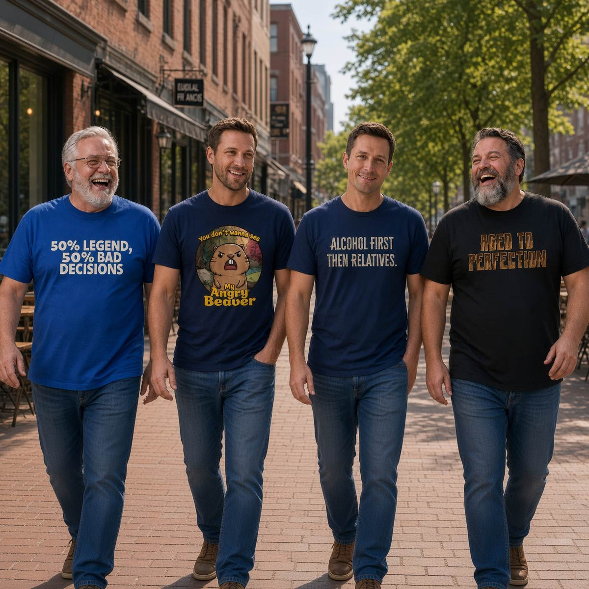 Four men walking down a sunny street wearing humorous slogan t-shirts, presenting great gift ideas for men in the UK.