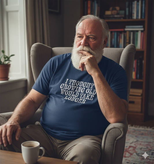 man wearing a navy t-shirt with the slogan 'i thought growing old would take longer'
