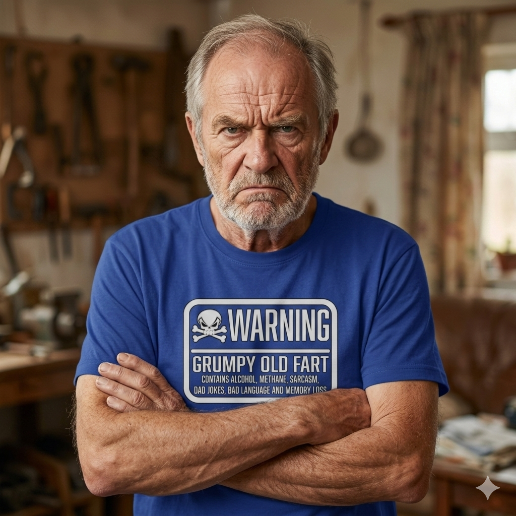 grumpy looking man wearing a blue slogan t-shirt with the text 'warning grumpy old fart'