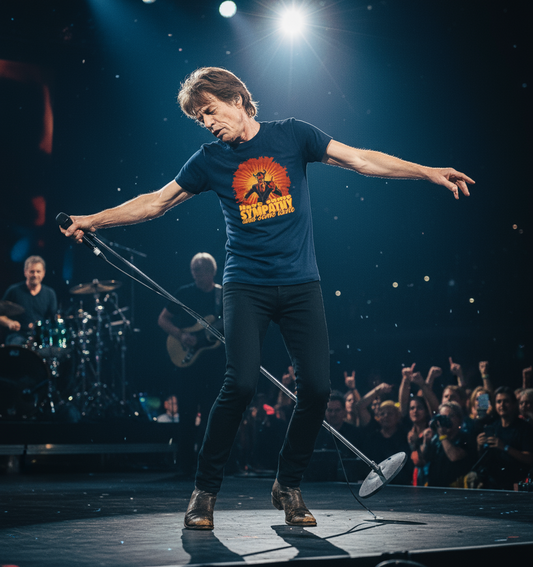 man wearing a navy coloured music inspired t-shirt with 