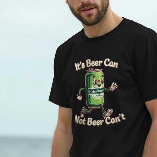 Man wearing a black Dad T-shirt with a playful green beer can cartoon. The text reads “It's Beer Can Not Beer Can't." Lighthearted, humorous tone.