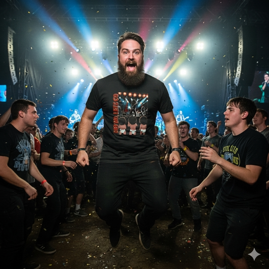 man in a nightclub setting wearing a black music t-shirt with the graphic of babies in nappies and the slogan 'hey ho let's go'