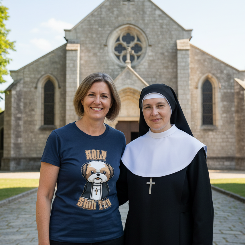 woman wearing a navy coloured funny graphic t-shirt with a cartoon dog and the text 'holy shihtzu' stood next to a nun outside a church