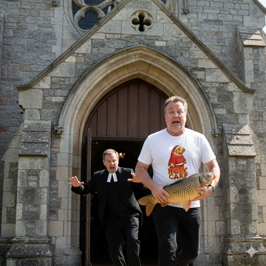 man running out of a church holding a fish, wearing a white funny graphic t0shirt with a humorous design