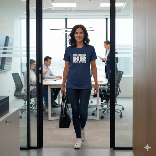 woman in an office setting wearing a navy slogan t-shirt with the text 'walking HR violation'