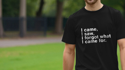 Man wearing a black sarcastic T-shirt with humorous white text: "I came, I saw, I forgot what I came for." Background shows a blurred park with trees and grass, conveying a light-hearted tone.