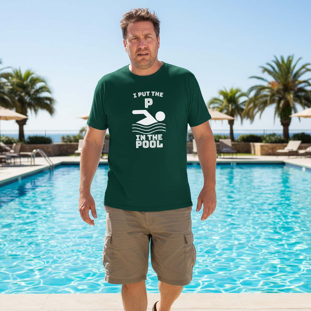 man standing in front of a swimming pool wearing a green t-shirt with the slogan 'i put the p in pool'