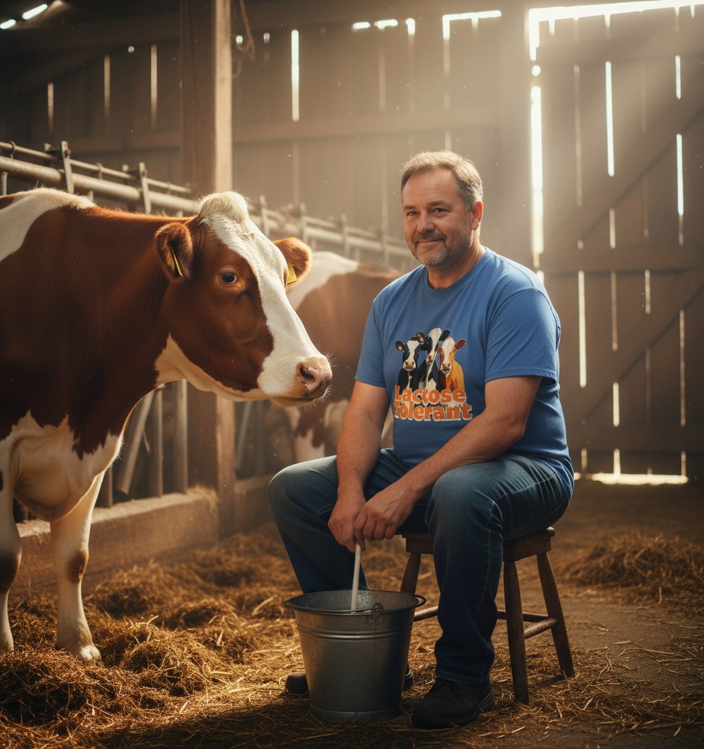 man sat in a cow shed wearing a blue funny animal t-shirt with the graphic of three cows and the slogan 'lactose intolerant'