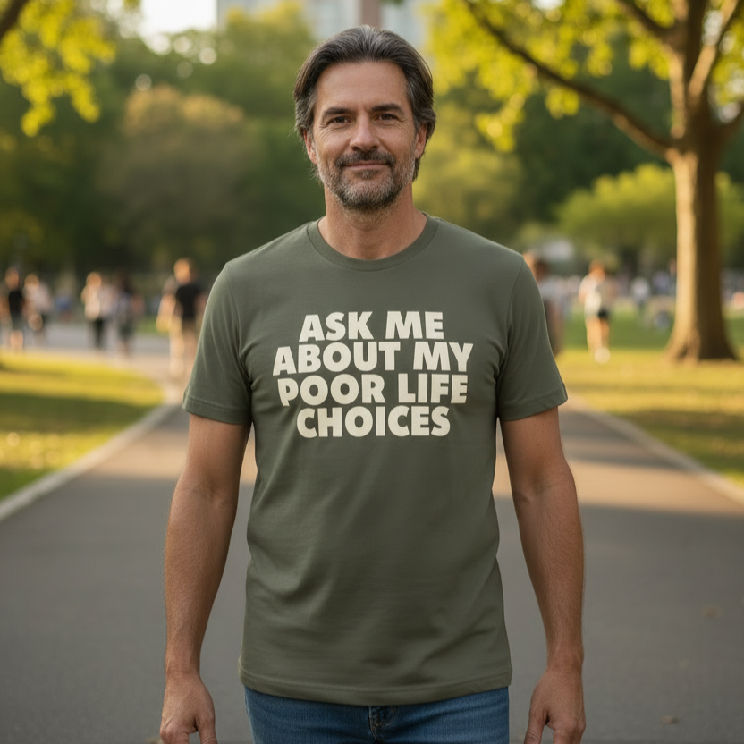 man wearing a khaki coloured t-shirt with the slogan 'ask me about my poor life choices'