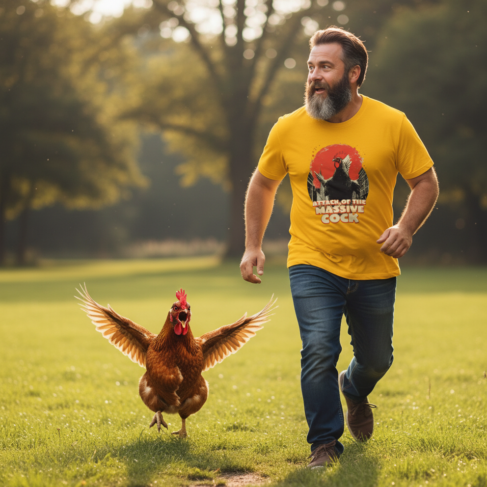 man wearing a yellow funny graphic t-shirt being chased by a chicken