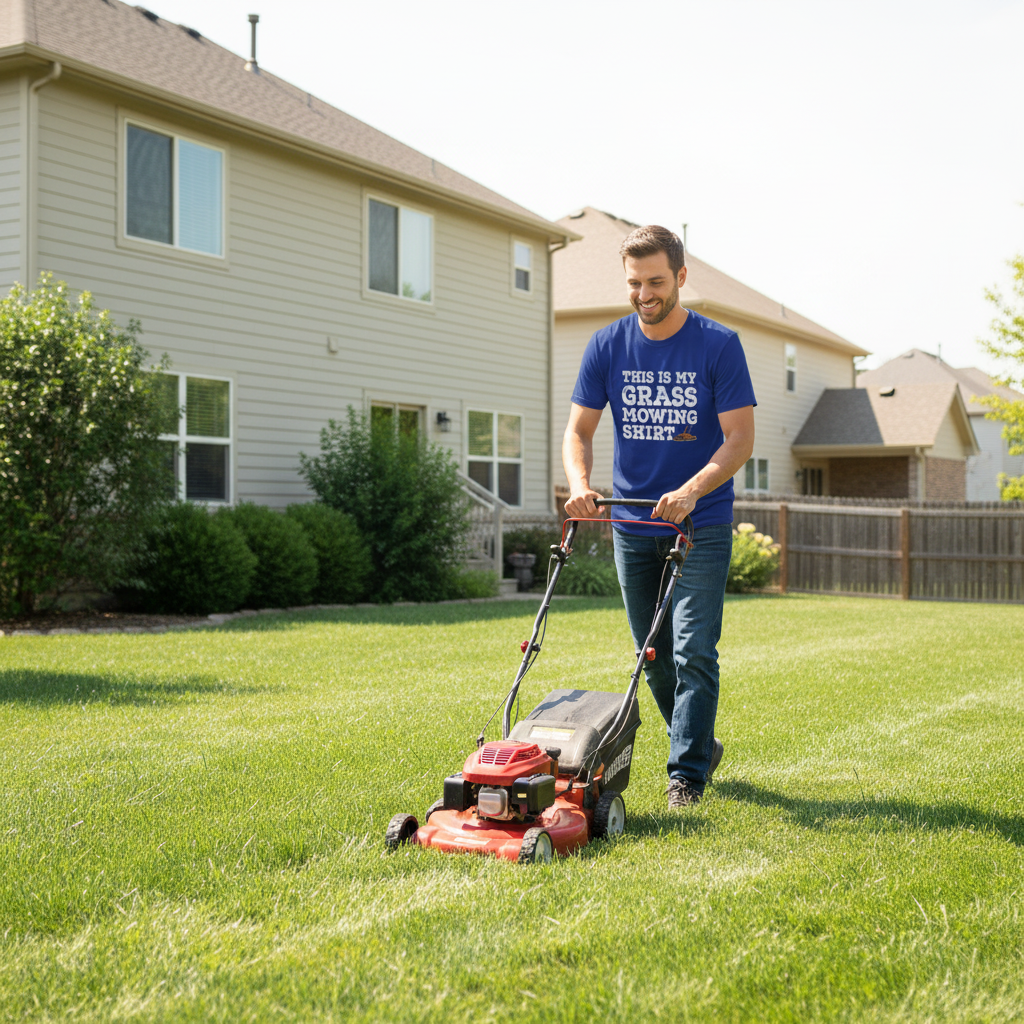 man mowing the grass wearing a blue slogan t-shirt with the text 'this is my mowing t-shirt'