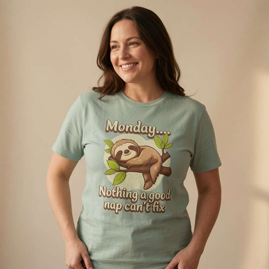 Woman smiling with hands on hips in green Monday Nothing a Good Nap Can’t Fix tee, fun cheeky monday sloth animal