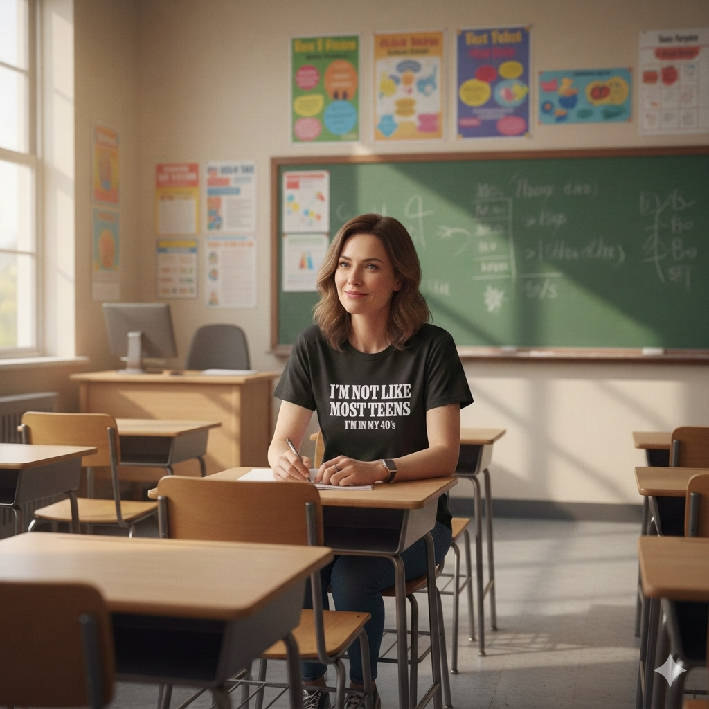 woman sat in a classroom setting wearing a black slogan t-shirt with the text 'i'm not like most teens, i'm in my 40's'