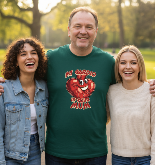 man wearing a green funny offensive t-shirt with the graphic of a cartoon heart and the slogan 'my cardio is your mum'