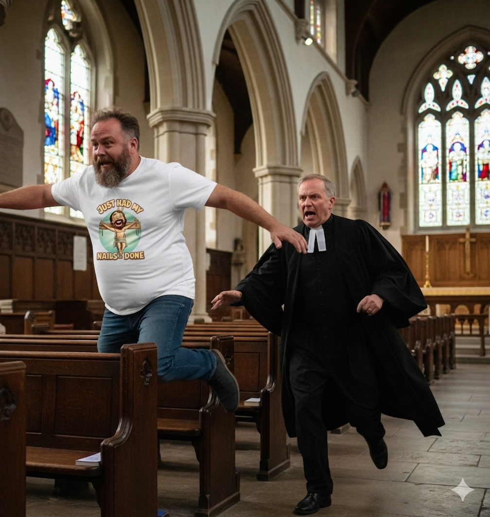man wearing a white funny jesus t-shirt being chased by a priest