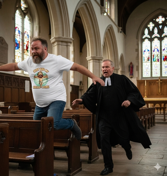 man wearing a white funny jesus t-shirt being chased by a priest