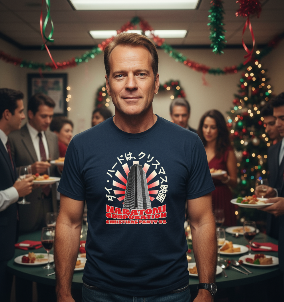 man at a christmas party with a Nakatomi Plaza T-shirt on