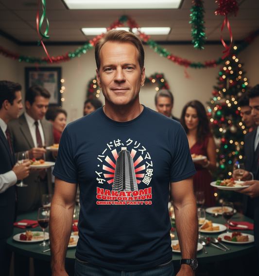 man at a christmas party with a Nakatomi Plaza T-shirt on