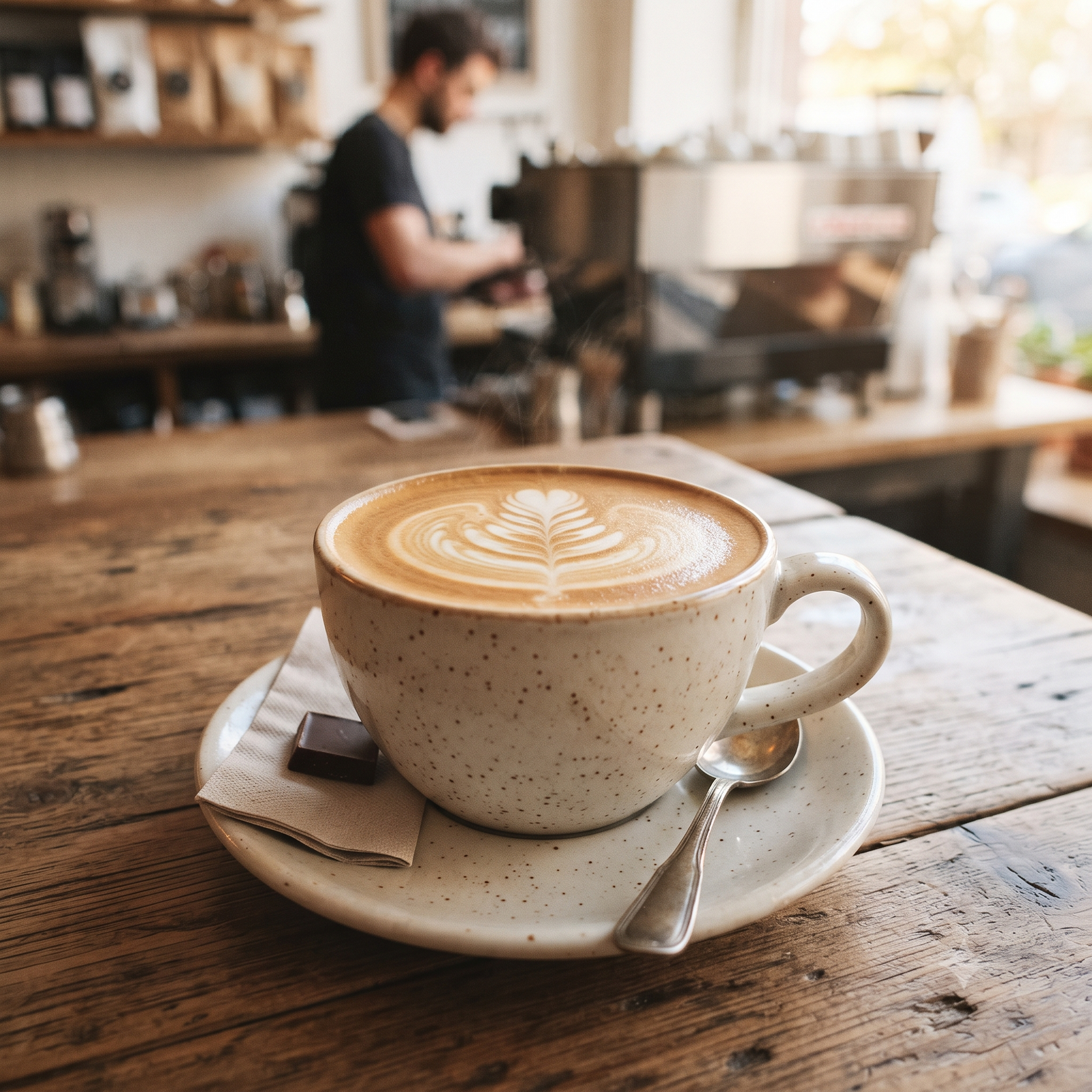 A frothy latte with intricate leaf latte art in a speckled mug on a rustic wooden table. A chocolate piece and spoon are beside it, with a barista in the blurred background. Cozy, inviting cafe ambiance.
