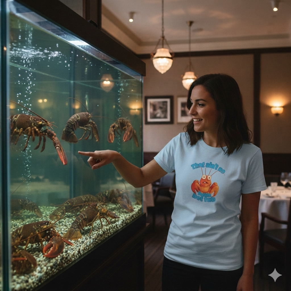 man wearing a light blue t-shirt with a lobster graphic