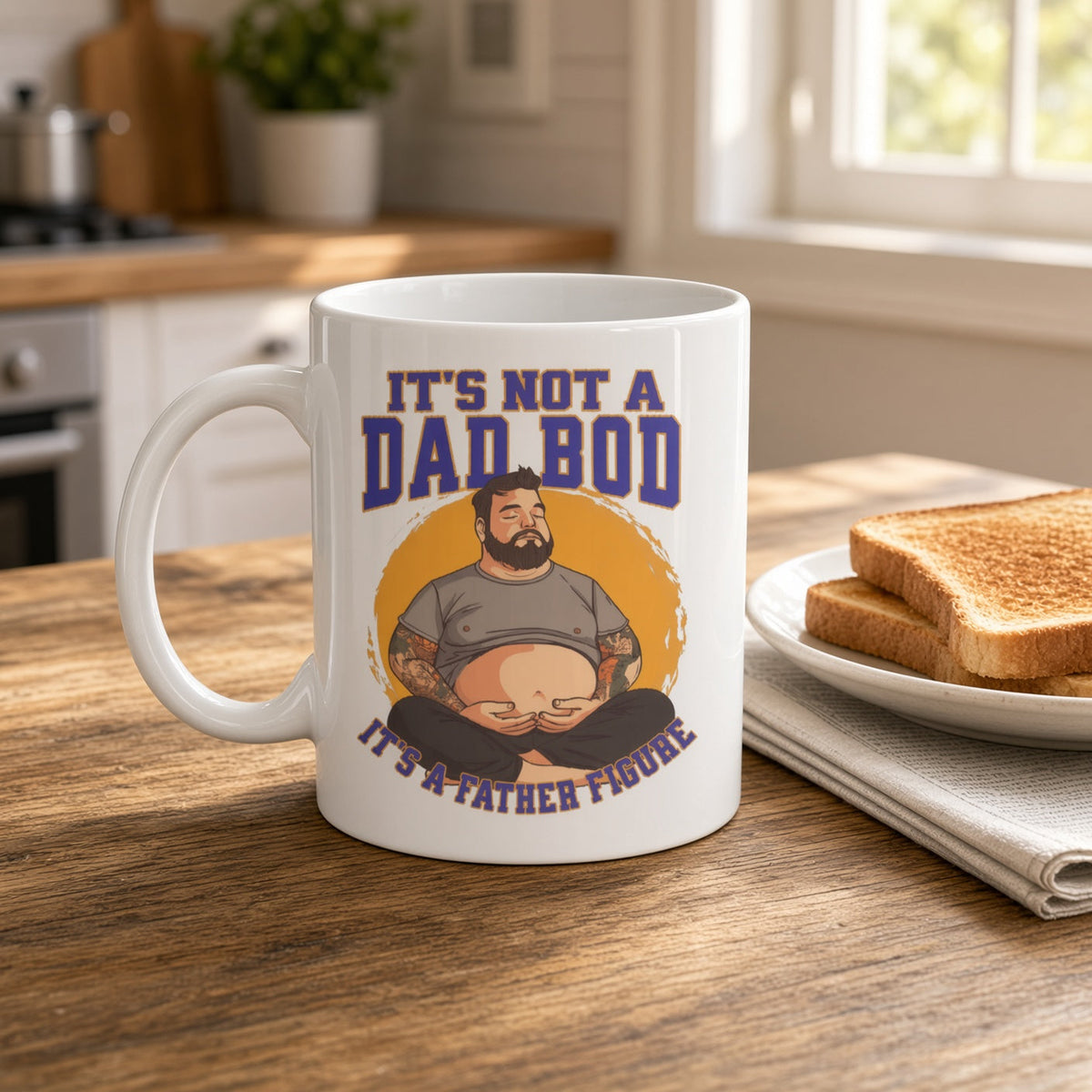 Funny 11 oz white novelty coffee mug with a sarcastic dad bod pun graphic design, cartoon artwork, and bold purple typography