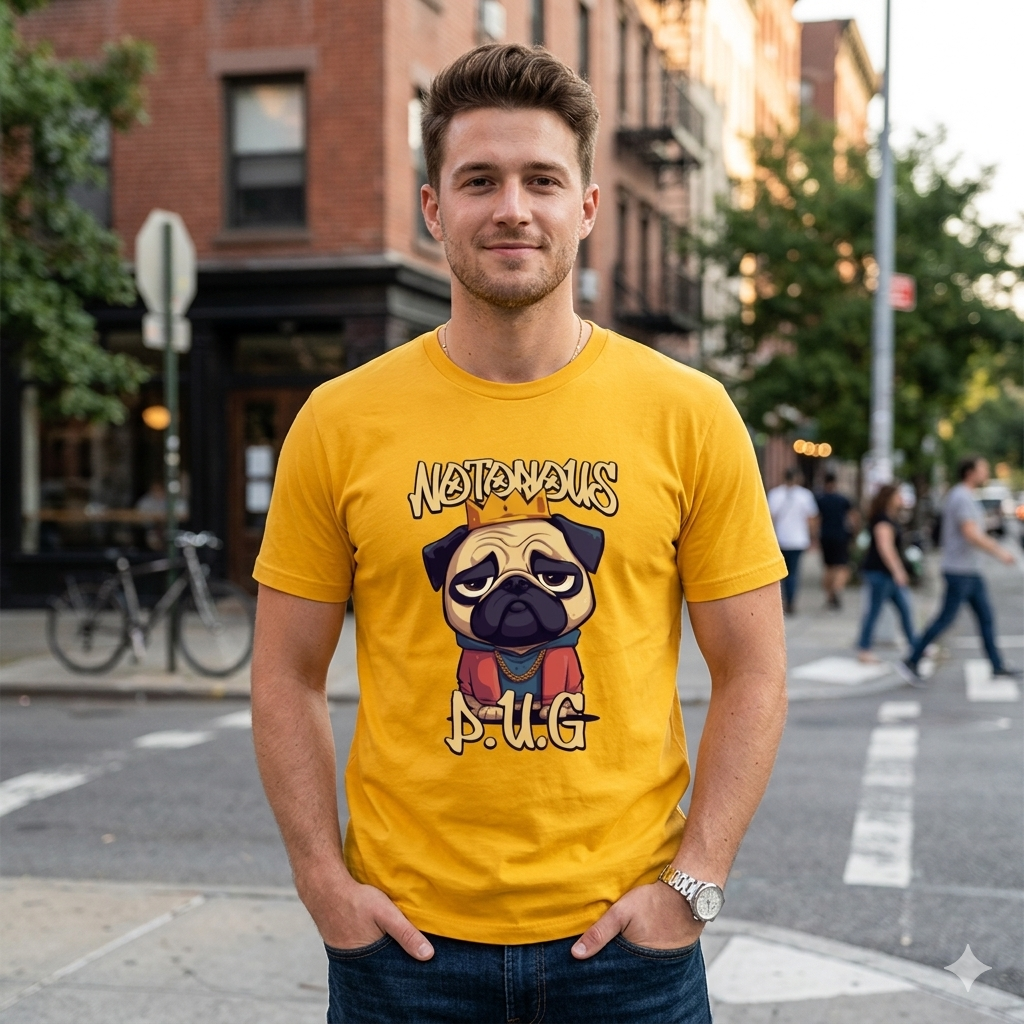 man wearing a yellow funny dog t-shirt with a graphic of a pug and the text 'notorious pug'