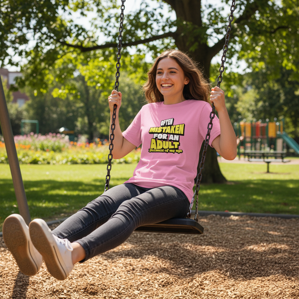 woman wearing a pink slogan t-shirt with the text 'often mistaken for an adult because of my age'
