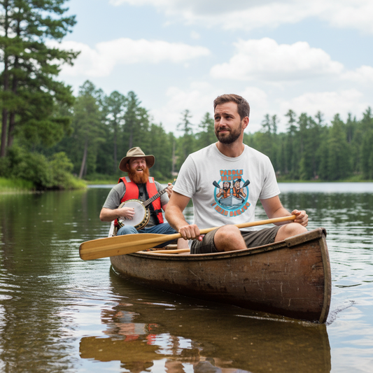 Two men in a canoe, oe with a banjo and the others wearing a humorous graphic t-shirt